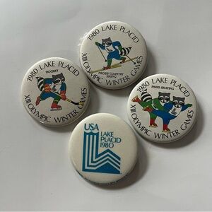 1980 Lake Placid Winter Olympics Pinback Button Lot Of 4 Roni Raccoon Vintage